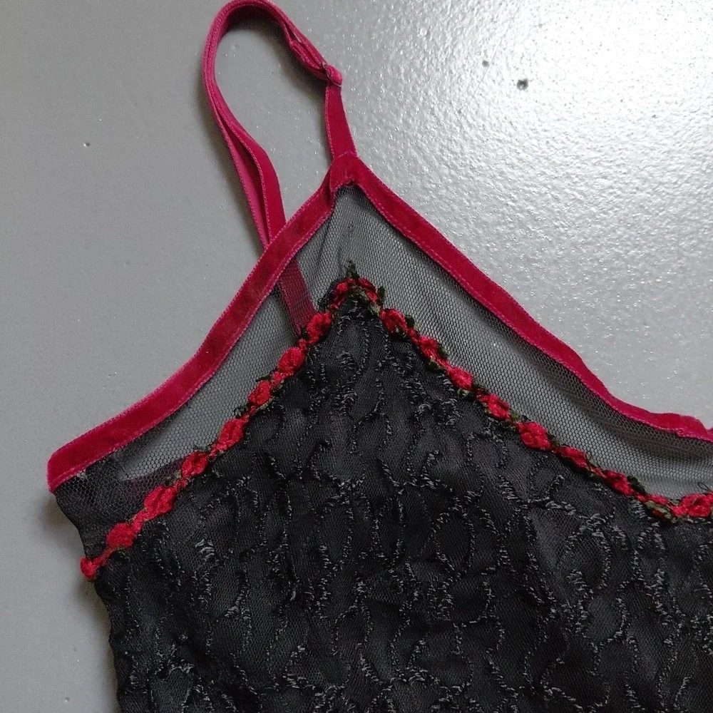 VTG Betsey Johnson Slip Dress Black Lace Rose Ditsy Neckline Velvet Trim Large - Picture 14 of 16